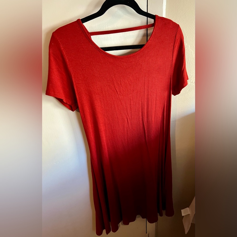 Red Ribbed Short Sleeve Dress